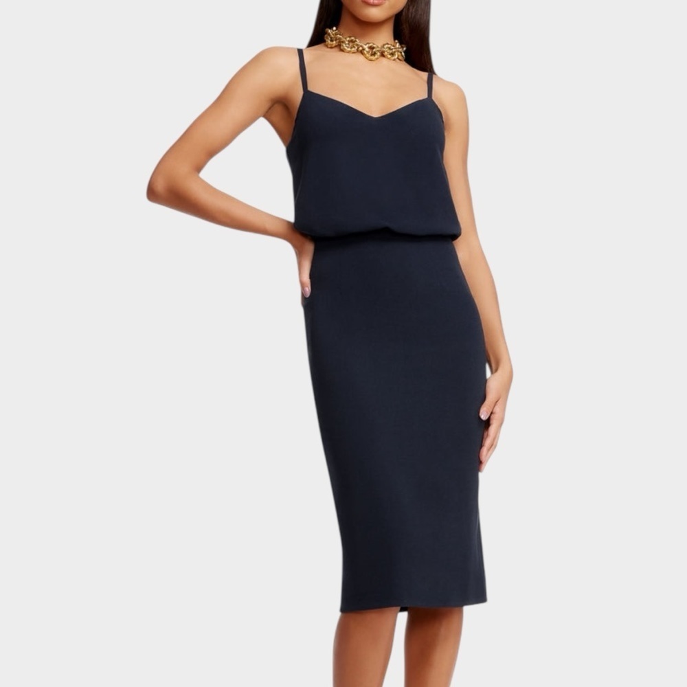 Dress the Population Alondra Midnight Blue Blouson Sheath Dress Large